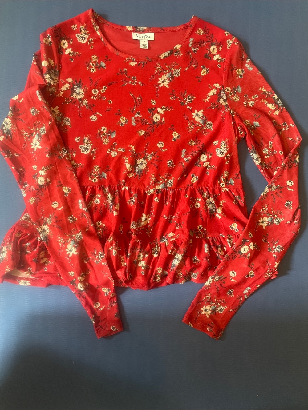 love, Fire Red Floral Peplum Long Sleeve Top